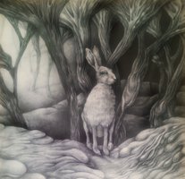 Hare in fungus forest 55x55cm