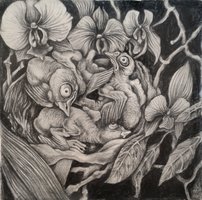 Chickens, orchids and pearleafs 20x20cm