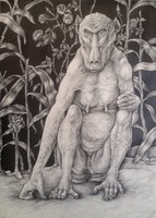Baboon with roses and gingerplants