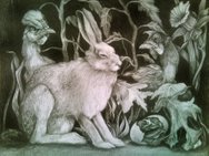 Rabbit, chickens and lilies (Easter) 30x40cm