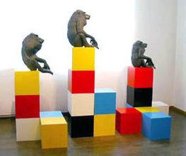 Abtract composition with baboons 300x400cm. Stoneware and wood.