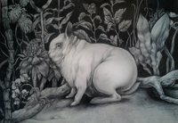 Hermelin rabbit, orchids and monstera 100x70cm
